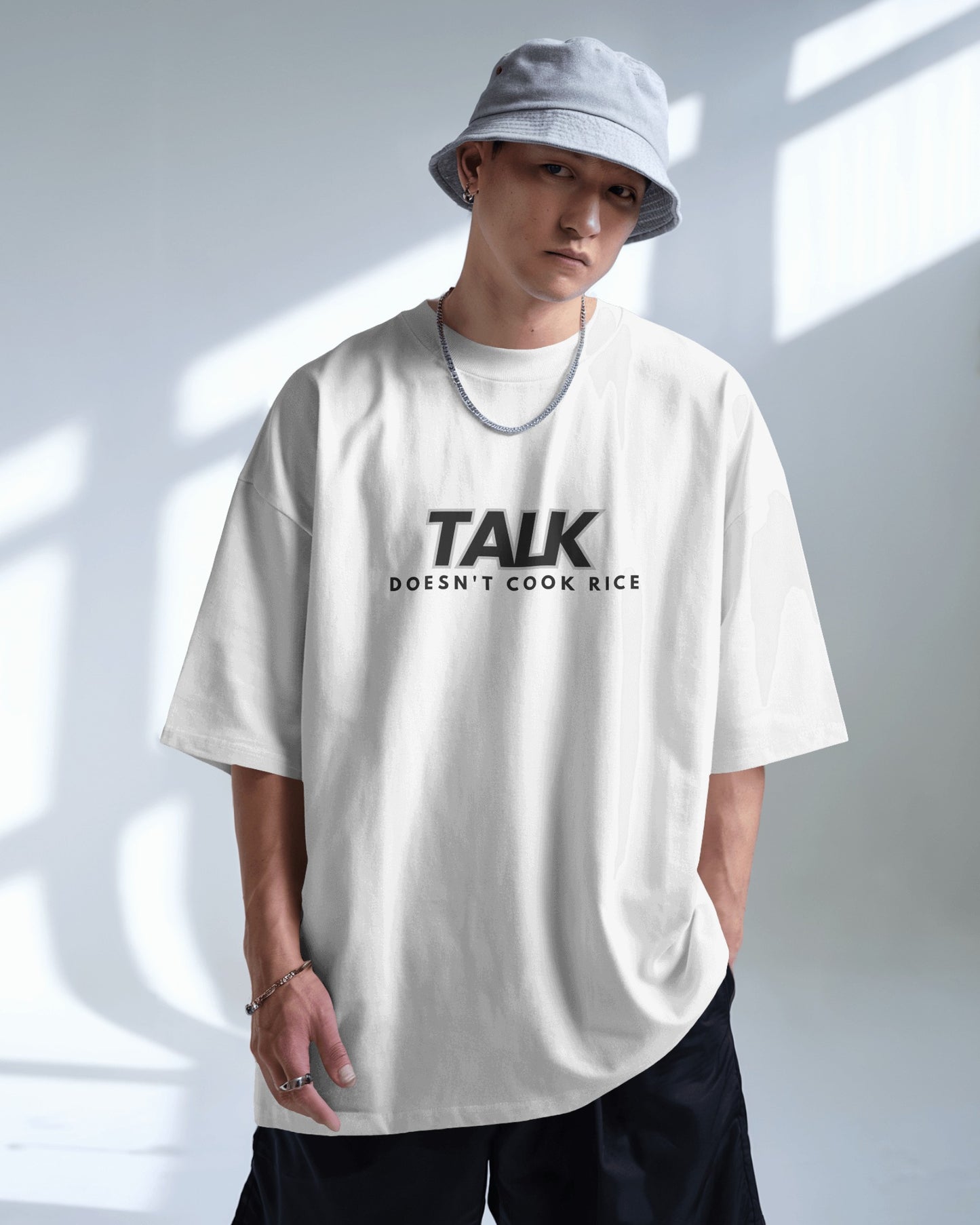 Talk Doesn’t Cook Rice" Oversized Streetwear Tee – Front & Back Print Edition