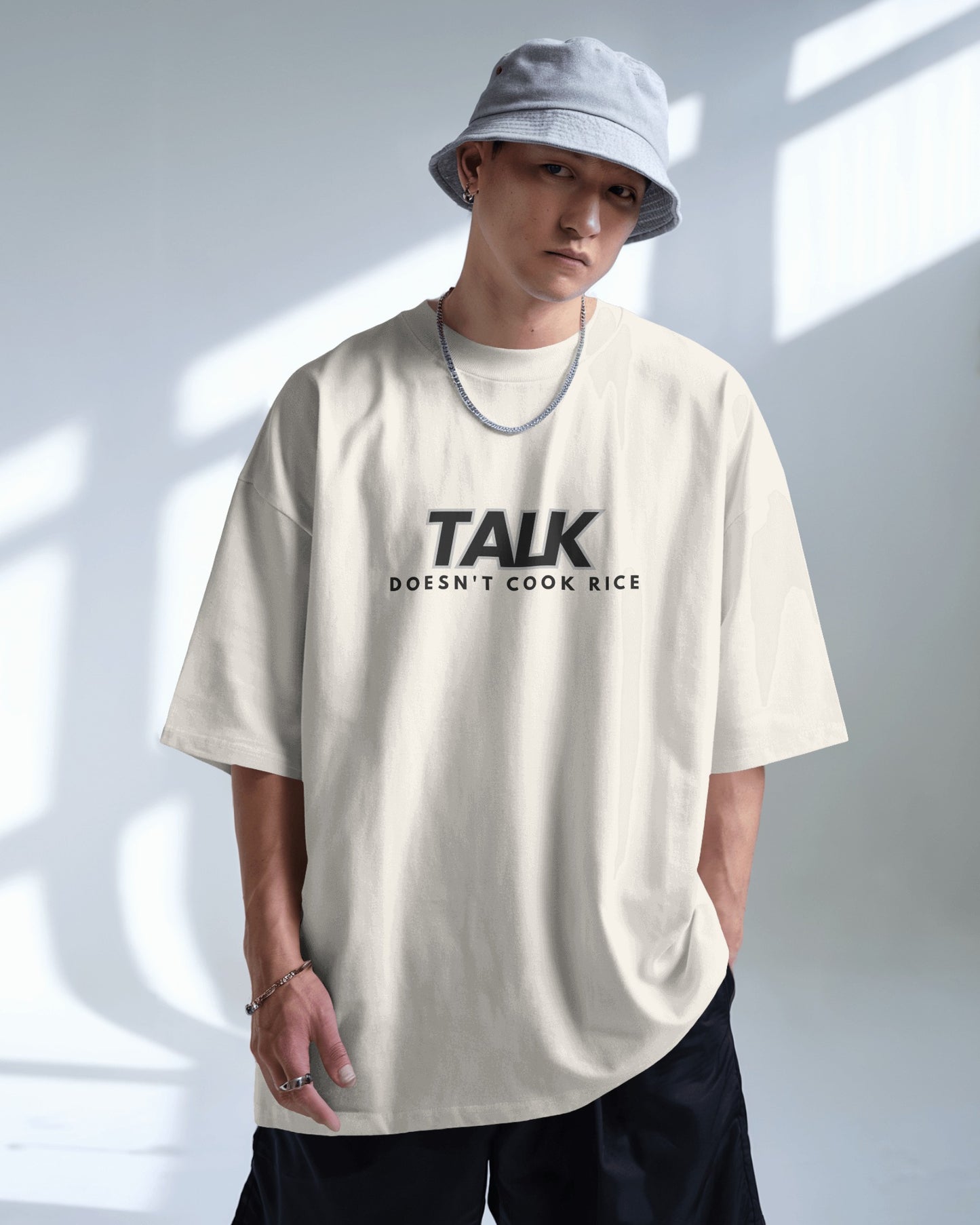 Talk Doesn’t Cook Rice" Oversized Streetwear Tee – Front & Back Print Edition