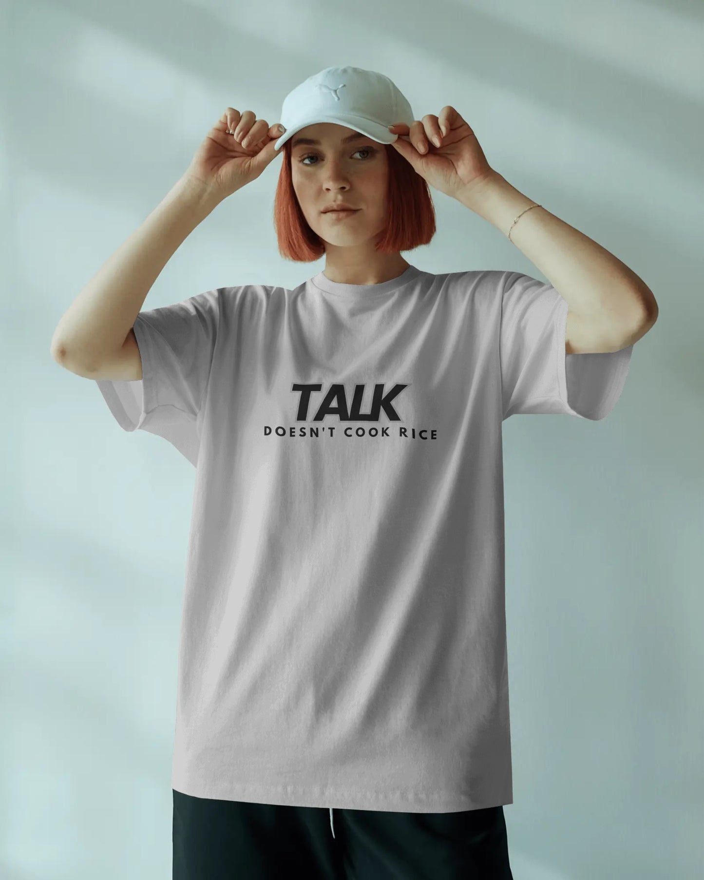 Talk Doesn’t Cook Rice" Oversized Streetwear Tee – Front & Back Print Edition